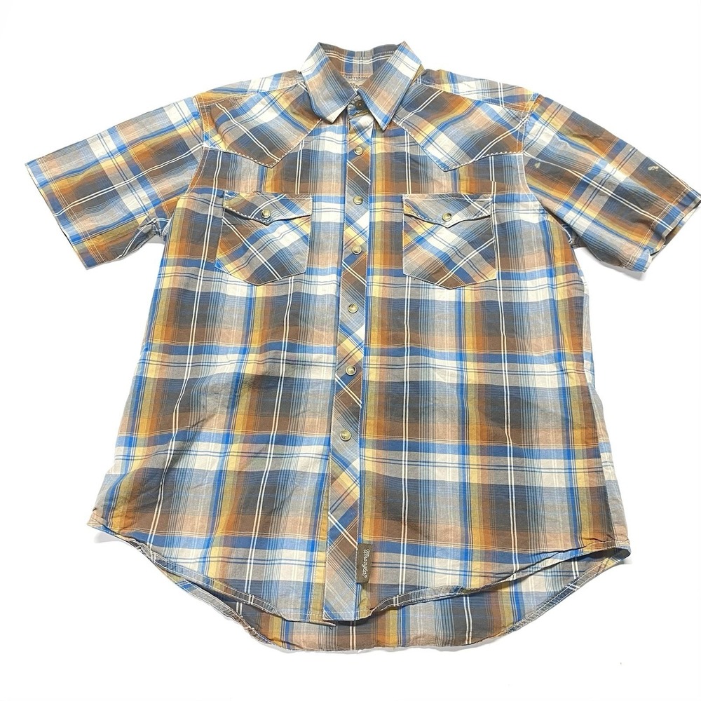 Wrangler Retro Western‎ Mens Medium M Brown Plaid Pearl Snap Short Sleeve READ